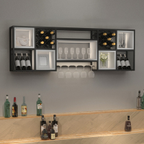 Retro modern wall storage wine rack Solid wood wall-mounted wine cabinet Household wrought iron wine rack hanging goblet rack