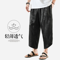 Zuo Du large mens Chinese style casual ankle-length pants sub mens summer loose thin dark flowers Dragon wide leg pants men