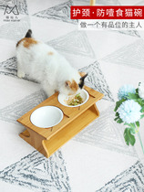 Cat Bowl Solid Wood Cat Dining Table Ceramic Bowl Non-slip Diagonal Opening Cervical Spine Special Cat Rice Basin Pet Bowl Table Dog Bowl