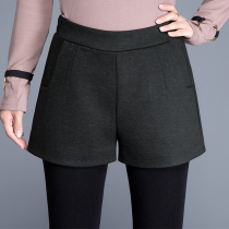 2020 new high waisted woolen shorts women autumn and winter wear elastic a-shaped wide leg Black thick tweed boots pants