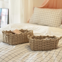 New double handle living room desktop porch coarse cotton thread snack fabric cotton thread storage basket washable clothes and sundries
