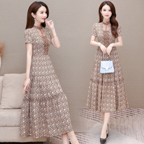 Floral dress womens 2021 new spring and autumn fashion short sleeve high waist Belly Belly Belly Belly over knee chiffon long skirt