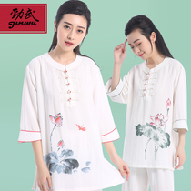 New cotton and hemp printed short-sleeved tai chi suit Womens summer Tai Chi suit suit printed performance suit Martial arts suit Jinwu