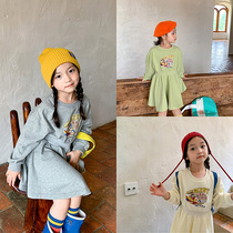 Girls round collar cartoon pure cotton long sweatshirt 2021 autumn Korean version children loose and casual cashew dress and dress foreign