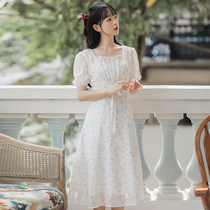 Tea break Chiffon floral dress womens summer 2021 New Mori first love girl white skirt square collar