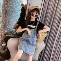 Girls suspender skirt suit summer 2022 new foreign style 7 fashion 8 children clothing 9 short sleeve T-shirt 2pcs suit