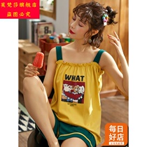 Furfansa suspender pajamas womens summer thin section pure vest sleeveless shorts cute student ins summer full 