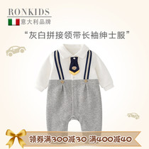 ronkids baby clothes jumpsuit autumn long-sleeved gray and white stitching handsome romper one-year-old birthday dress