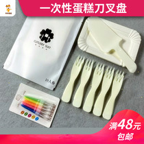 Disposable Birthday Cake Knife Fork Tray Candle Suit 10 Man West Point Paper tray Mooncake Cake Fork Suit