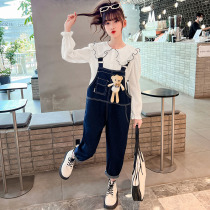Girls dress autumn gas denim strap pants red suit 2022 new big girls clothing fashionable autumn fashion