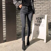 Korea plus velvet padded small feet jeans women nine points 2021 autumn and winter high waist thin stretch stretch tight pencil trousers