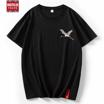 Summer China Wind Fairy Crane Embroidery Round Collar T-Shirt Male National Tide Short Sleeve Blouses Personality Tide Cards Loose Half Sleeves