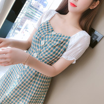 Xia new square collar bubble sleeve temperament goddess fan plaid dress design sense minority sweet French first love skirt