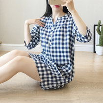  Japanese pure cotton double gauze cotton womens night dress summer thin three-point sleeve mid-skirt home skirt plaid large size