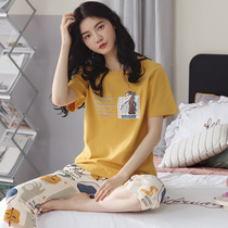 2021 New Seven Pants Pyjamas Womens Summer Pure Cotton Short Sleeves Thin Korean version of cute student Home Suits Suit
