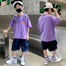 Boys summer clothing casual suit new CUHK child Korean version letter T-shirt short sleeve jeans two sets thin section