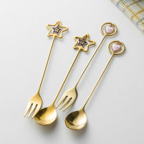 Soochu cute pendant coffee spoon girl heart golden fruit fork star stainless steel dessert spoon Fork