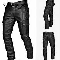 Solid color PU strap casual mens leather pants