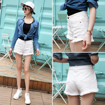 European station white denim shorts womens high waist wide legs 2021 new summer thin European goods hole Super shorts