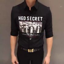 2019 autumn Korean version of the character printing shirt fashion trend inch clothing Youth slim long-sleeved shirt mens top