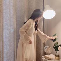 Spring and summer long-sleeved fairy lace nightgown with chest pad Two-piece nightgown home service court retro sexy sundress