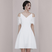 Thai Tide brand Hepburn wind small white dress celebrity off-shoulder dress V collar slim white niche dress female