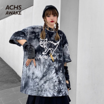 ACHS AWAKE Tide brand summer hip-hop tie-dye cat short sleeve men and women National Tide Street loose t-shirt half sleeve