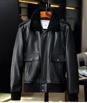 Henning genuine leather fur coat mens short section cow leather locomotive jacket sheep fur collar plus cotton jacket Flying winter