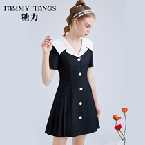 (Mall same section) Sugar spring Summer new black and white collage navy collar High waist display slim short sleeves Dress Skirt