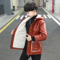 Childrens clothing boys winter leather clothing 2022 new Korean version plus velvet thick coat childrens foreign style autumn and winter jacket tide