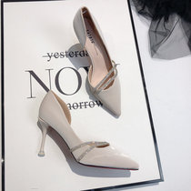 Korean Version New Temperament Sexy Side Sky Pointed Thin Heel Single Shoe Style Girl Beige Water Drill High Heel Shoe Banquet Shoes