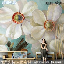 Nordic hand painted white flower flowers rose living room TV background wallpaper seamless sofa wallpaper mural cloth