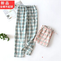 Spring and autumn thin mens and womens pure cotton linen yarn one-piece home long pajamas couple plaid high waist printing casual large size