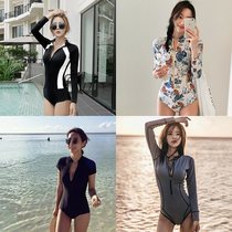 Korean wetsuit womens long-sleeved sunscreen quick-drying zipper hot spring clothing thin gathered jellyfish clothing Triangle one-piece swimsuit