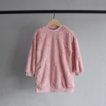 Five-fold clearance ~ Maomao winter childrens clothing Korean brand nail beads girl coral velvet medium long sweater two colors