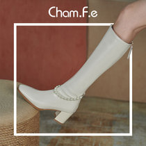 French pearls do not have knee boots thick heels high Knight boots winter leather high heels white womens boots 950s