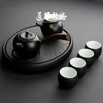 Craftsmans new black pottery Kung Fu tea set Teapot Ceramic tea tray set Household small set Gift tea set Teacup
