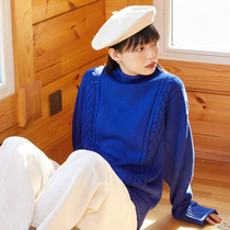 omont egg tart Klein blue curl gallows high collar sweater womens winter thickened loose knit undershirt