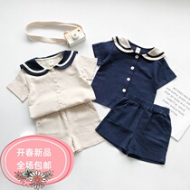 Small and middle school children boys and girls Navy wind cotton linen short-sleeved shorts set siblings Baby College uniform breathable