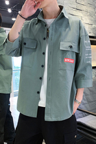 Mens seven-point shirt summer new tooling short sleeve shirt thin casual loose solid color cotton coat top