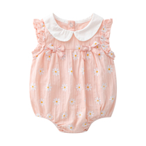 UK next kid summer new baby cotton jumpsuit romper pink stripe print wrinkle chrysanthemum triangle romper