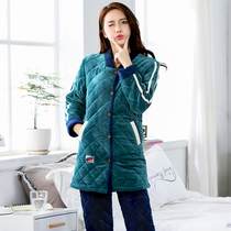 Coral velvet cotton pajamas womens autumn and winter padded velvet warm cotton three-layer long flannel home suit