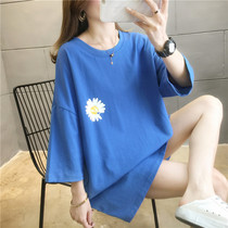 Add Fat Overweight Pregnant Woman Summer Clothing Pure Cotton Short Sleeve T-shirt Fat MM200 Catty Red Sun Flowers Loose Fashion Blouse