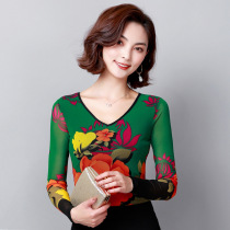 2019 spring and summer new printed thin mesh dance suit Square dance ballroom dance top womens long-sleeved Latin dance suit