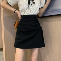  Black drawstring short skirt female a-line high waist bag hip anti-light 2021 new literary skirt design sense niche