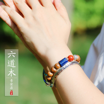 Original six-track wooden hand string handmade Buddhist ensembark Mens Wen Fun Prayer Beads Green Gold Stone Round Pearl Accessories Bracelet