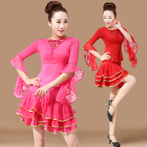 2022 Spring Summer New Dance Costumes Long Sleeves Latin Dance Suit Women Adults Lace Lace Clothes Safety Pants Short Skirt