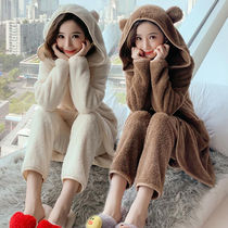 Autumn and winter thickened coral velvet pajamas female Korean cute sweet plush princess style home clothes two-piece set