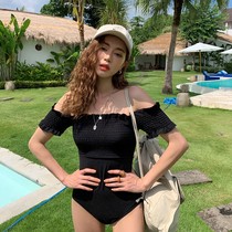 Swimsuit female retro ins Wind bra chest pleated small breast steel support gathered high waist belly thin swimsuit women