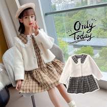  2021 autumn new girls  suit autumn middle and large childrens Korean mink velvet jacket plaid skirt princess two-piece suit